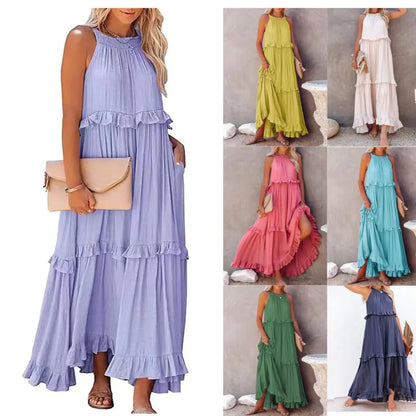 Robe longue dos nu à col licou – Robe de plage à volants et lacets pour femme