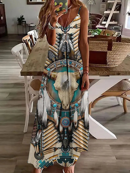 Robe longue à imprimé hibou tribal – Robe d'été vintage sans manches à bretelles spaghetti