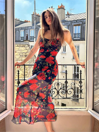 Floral Print Spaghetti Strap Bodycon Dress – Sexy Backless Long Dress for Women