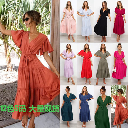 Robe à volants tendance pour femme, couleur unie, col en V sexy et manches à lacets
