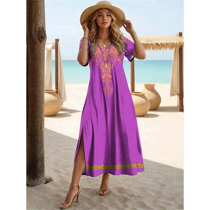 Robe longue fendue style bohème d'été – Robe pull à manches courtes et col en V pour femme