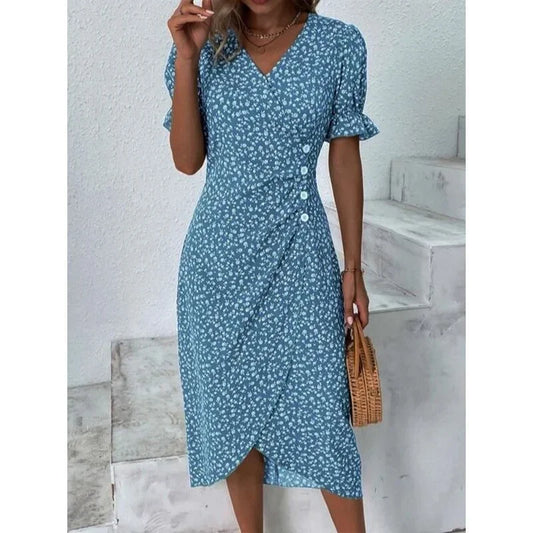 Elegant Floral Pleated Midi Dress with Puff Sleeves and Ruched Waist - Chic summer dress for women