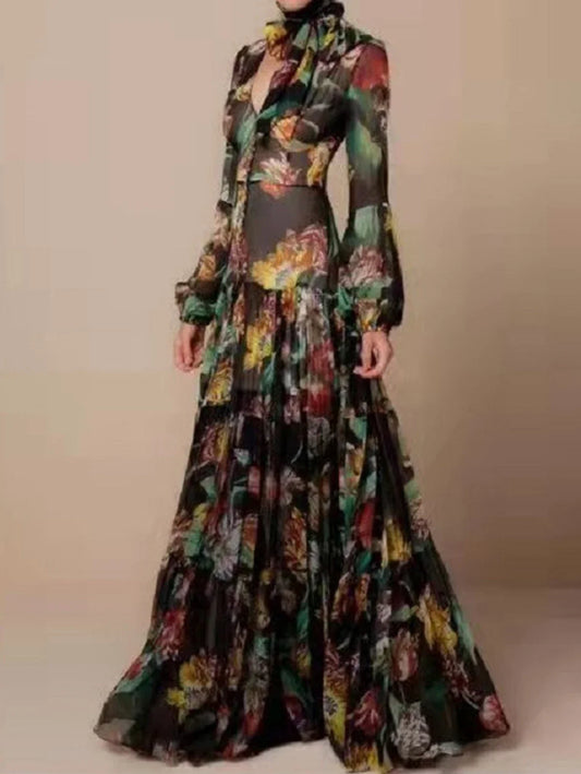 Elegant Floral Print Chiffon Dress - Chic summer dress for women
