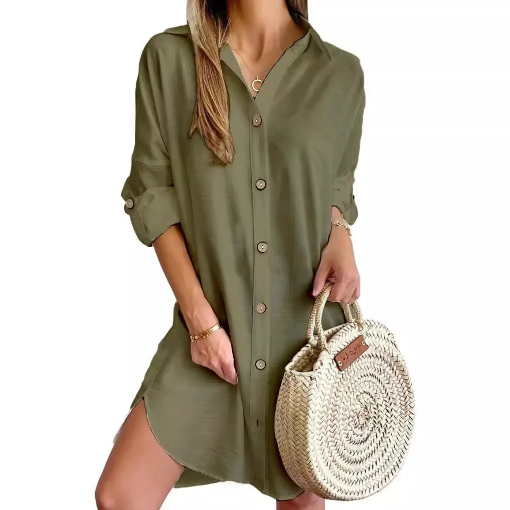 Robe chemise unie boutonnée sur le devant - Manches longues à revers - Robe décontractée printemps-automne pour femme