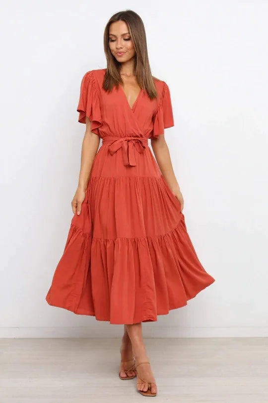 Robe à volants tendance pour femme, couleur unie, col en V sexy et manches à lacets