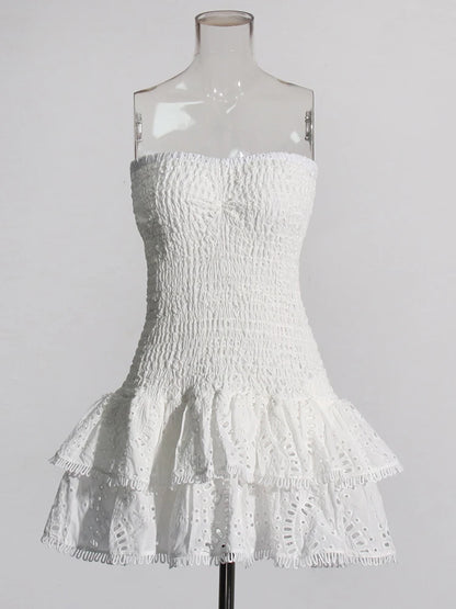 Designer Women’s Strapless Mini Dress – High Waist A-Line Dress with Ruffle Hem