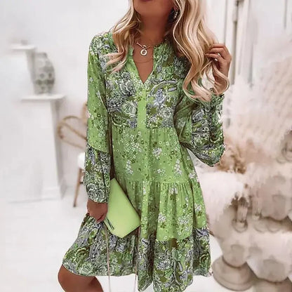 Boho V-Neck A-Line Dress – Summer Loose Printed Beach Party Dress