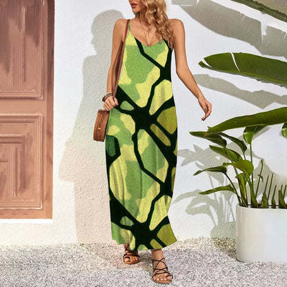 Robe longue grande taille à imprimé plumes – Robe d'été trapèze sans bretelles avec poches