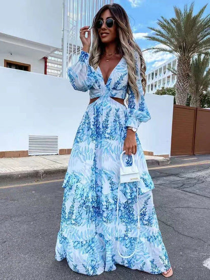 Nuevo vestido de fiesta de verano europeo y americano: elegante vestido de mujer con mangas largas, estampado y calado.