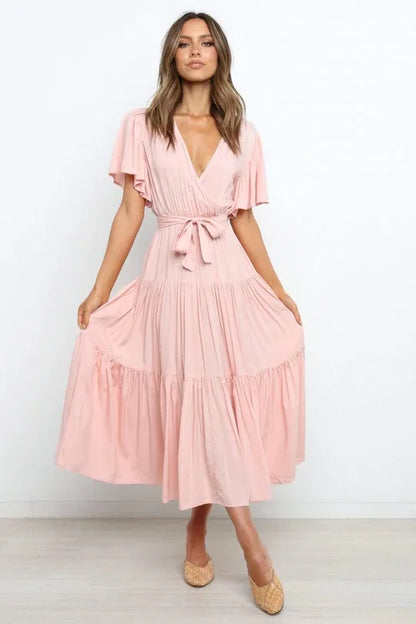 Robe à volants tendance pour femme, couleur unie, col en V sexy et manches à lacets
