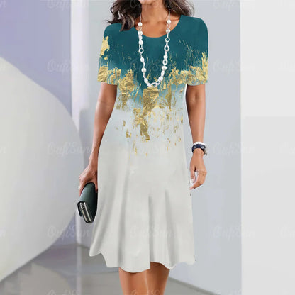 New Women’s Plus Size Midi Dress – Elegant Graphic Print Summer One-Piece