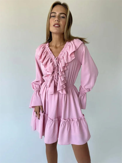 Talenza White Ruffle Bandage Mini Dress – Elegant V-Neck Lace-Up Long Sleeve Dress