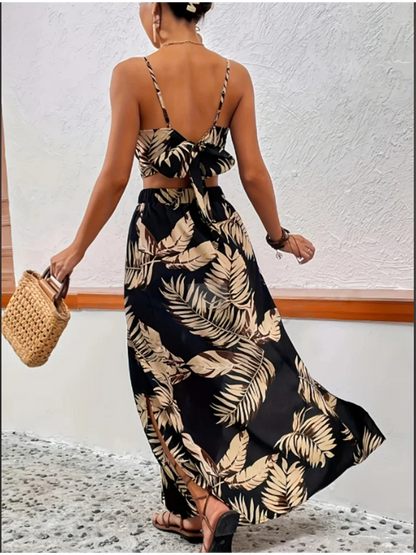Women’s Sleeveless Low-Cut V-Neck Printed Dress with High Slit – Sexy Elegant Summer Set