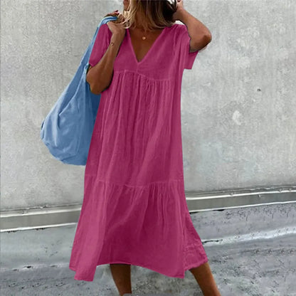 Solid Color Cotton Linen Midi Dress for Women – Casual V-Neck Short Sleeve Loose Fit