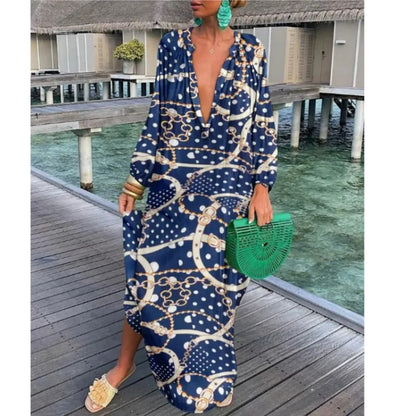 Elegante vestido largo con escote en V para mujer: vestido bohemio informal para vacaciones de verano.