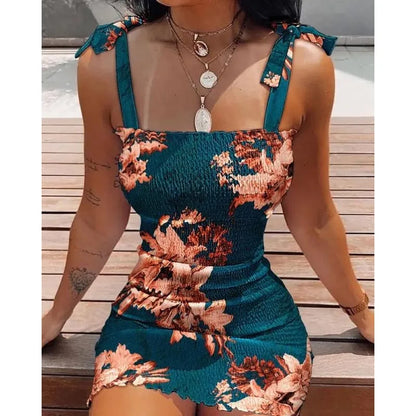 Summer Strapless Bow Mini Dress – Printed Sleeveless Commuter Dress