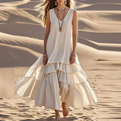 Retro Solid Cotton Linen Pleated Maxi Dress – Women’s Boho V-Neck Summer Dress