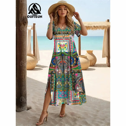 Elegant Women’s Vintage V-Neck Summer Dress – Loose Oversized Long Evening Dress