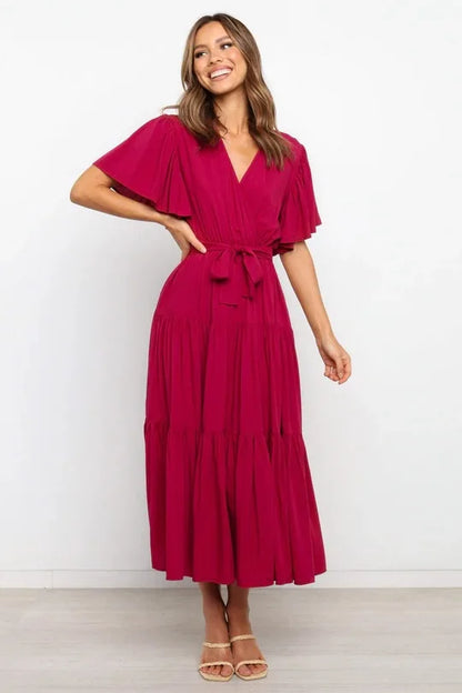 Robe à volants tendance pour femme, couleur unie, col en V sexy et manches à lacets