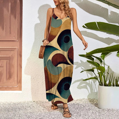 Robe longue grande taille à imprimé plumes – Robe d'été trapèze sans bretelles avec poches