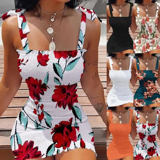 Woman wearing a floral dress with multiple color options displayed.