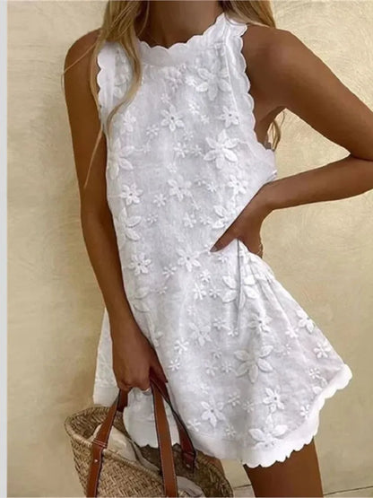Casual White Lace Mini Dress - Sleeveless - Loose Fit - Summer 2024 Chic Party Vacation Dress - Elegant Vestidos