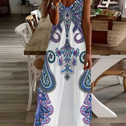 Retro Fishing Net Print Sleeveless Suspender Ankle-Length Dress