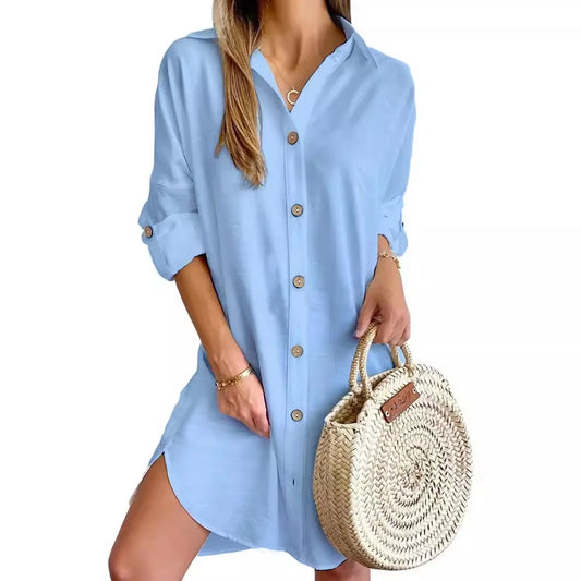 Solid Button-Front Shirt Dress - Long Sleeve Lapel - Casual Spring & Fall Dress for Women - Chic summer dress for women