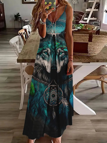 Robe longue à imprimé hibou tribal – Robe d'été vintage sans manches à bretelles spaghetti