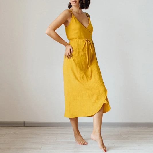 Vintage Women’s 100% Cotton Crepe Gauze V-Neck Sleeveless Bandage Long Maxi Dress