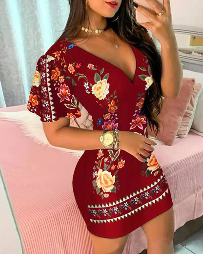 Summer Floral Print Bodycon Mini Dress Women