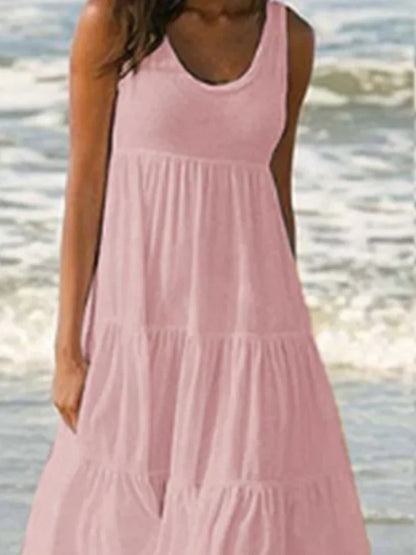 Oversized O-Neck Sleeveless Ruffle Loose Beach Dress – Boho Plus Size Sundress