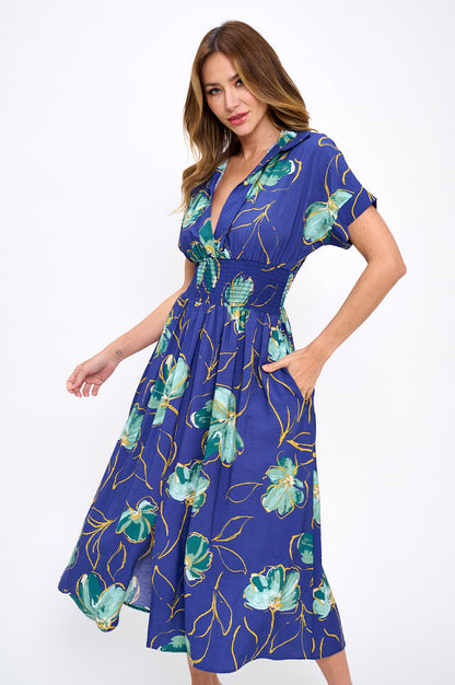 Floral Print V neck Collared Dress with Smock Waist Detail-0