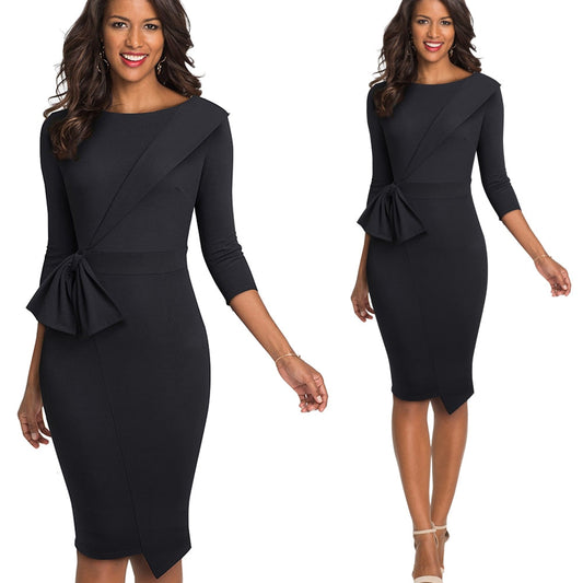 Pure Color with Bow Peplum Dresses Formal Business Bodycon Autumn Women Dress-0