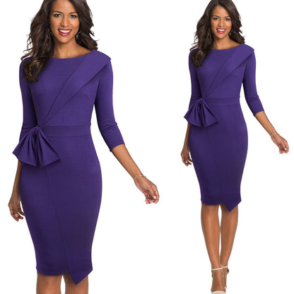 Pure Color with Bow Peplum Dresses Formal Business Bodycon Autumn Women Dress-4